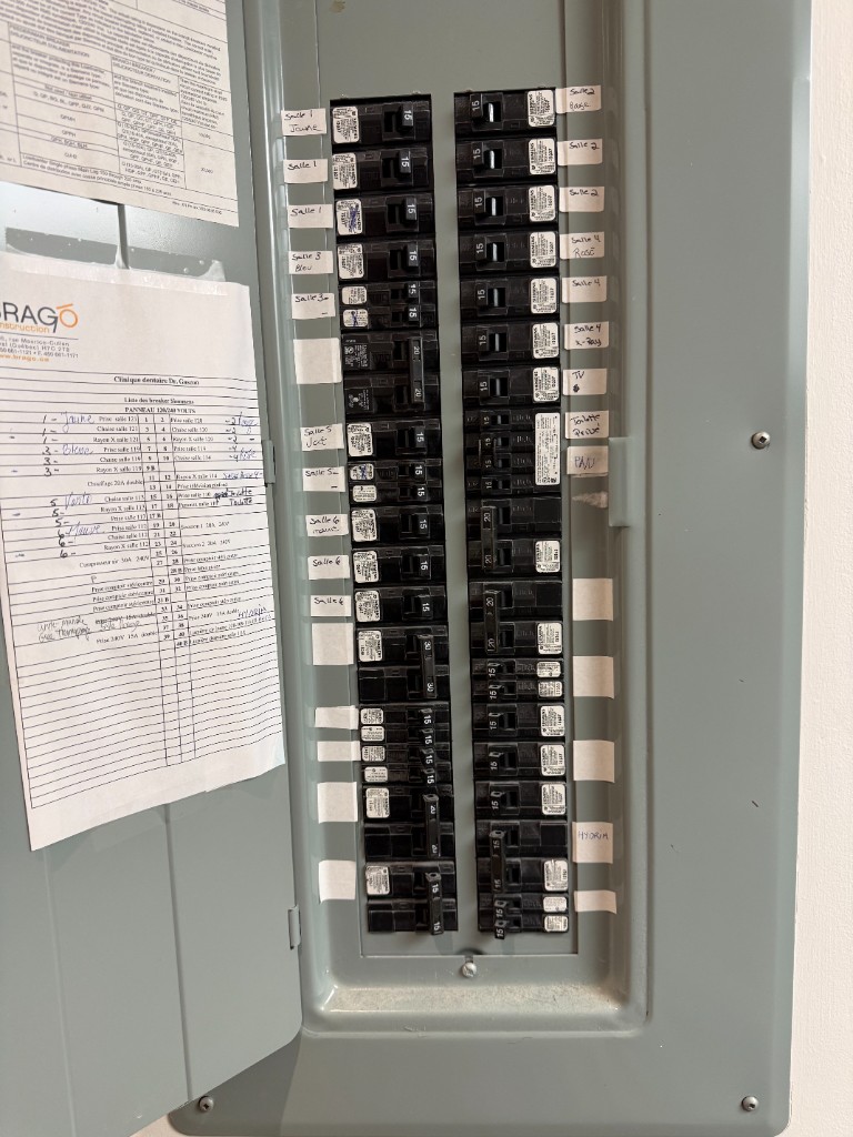Panneau électrique commercial ouvert avec disjoncteurs étiquetés